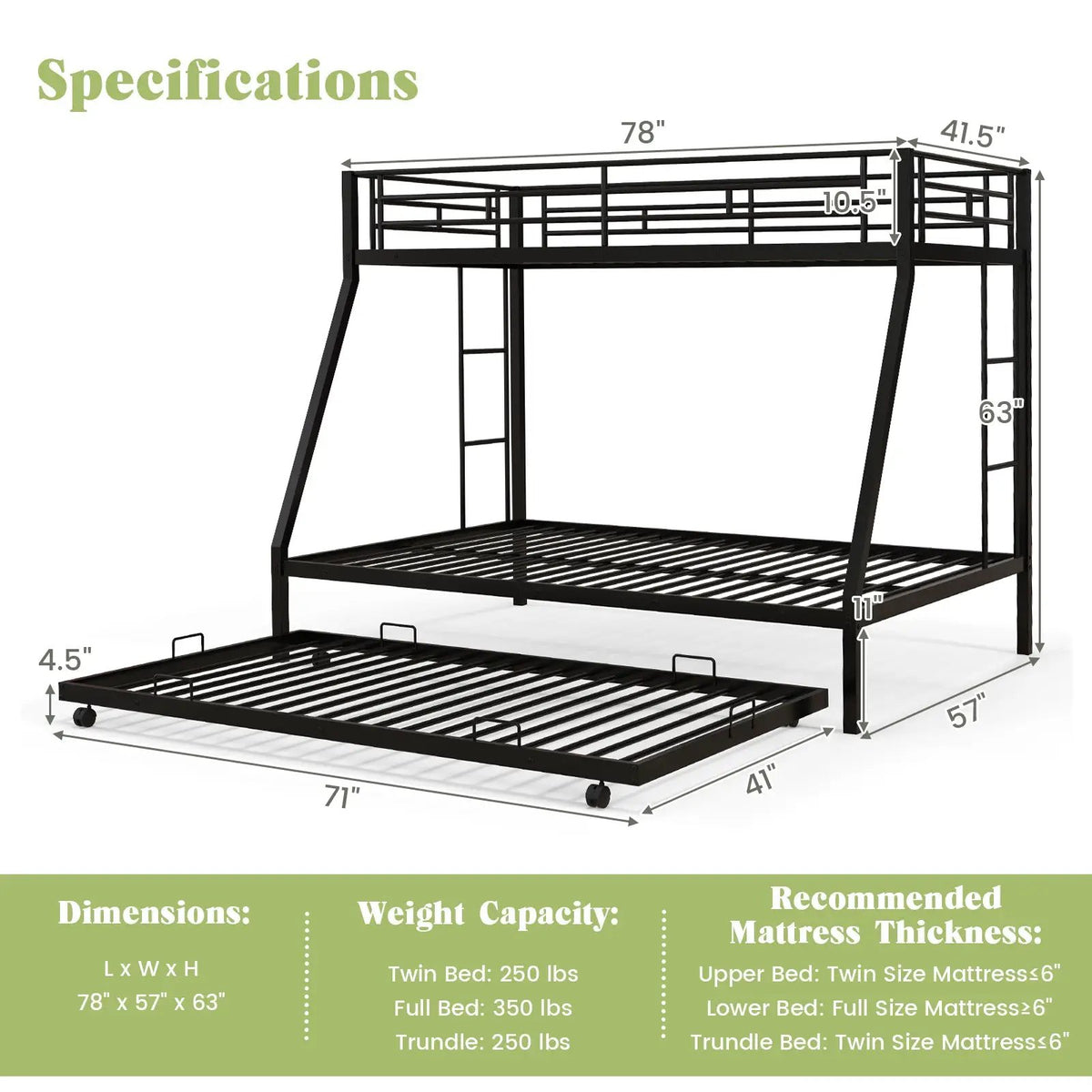 Twin Over Full Bunk Bed Frame with Trundle for Guest Room, photo 5 of 9