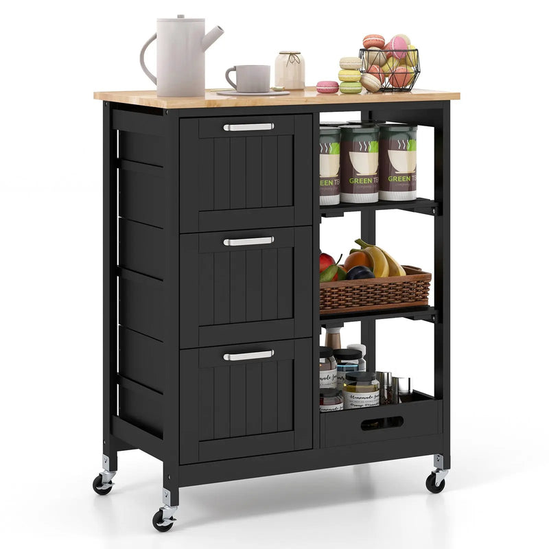 Kitchen Island Cart on Wheels with Rubber Wood Top and 3 Drawersand Removable Tray by DirectDeals