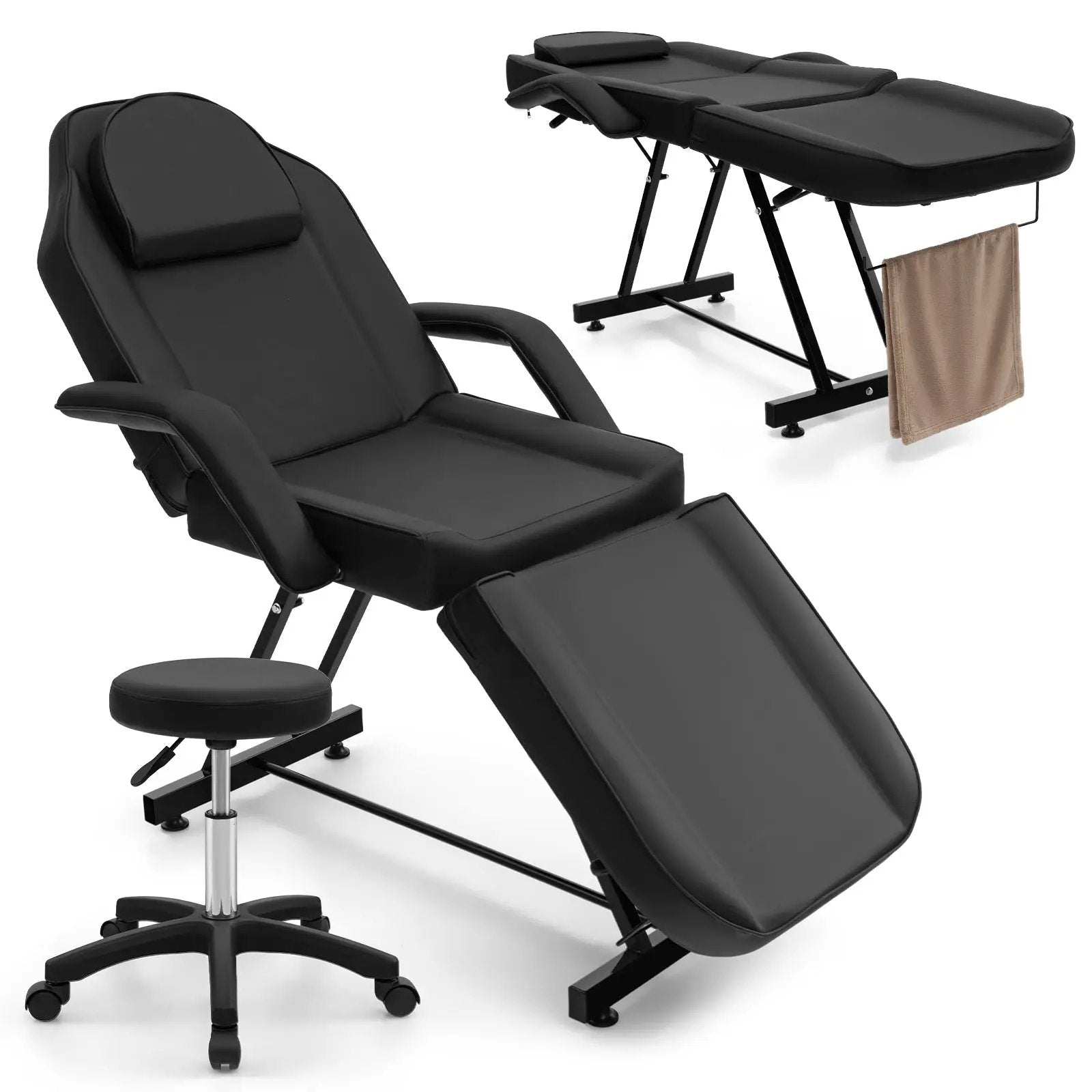 73 Inch Facial Chair Set with Removable Headrest Detachable Armrests and Towel Rack-Black by DirectDeals
