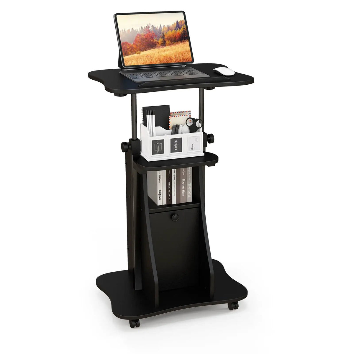 Adjustable Mobile Standing Desk Cart with Tilt Desktop and Cabinet, photo 4 of 9