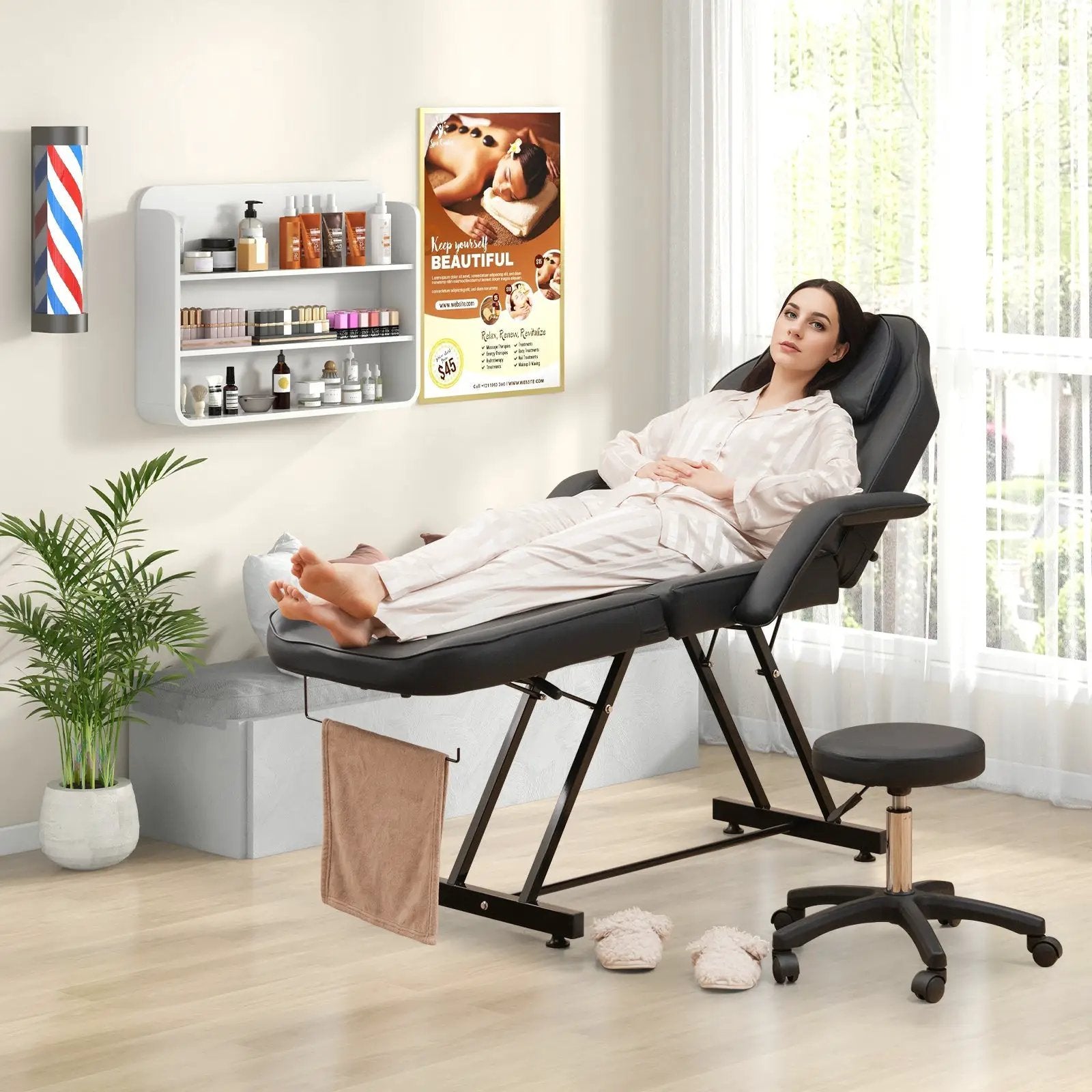 73 Inch Facial Chair Set with Removable Headrest Detachable Armrests and Towel Rack-Black by DirectDeals