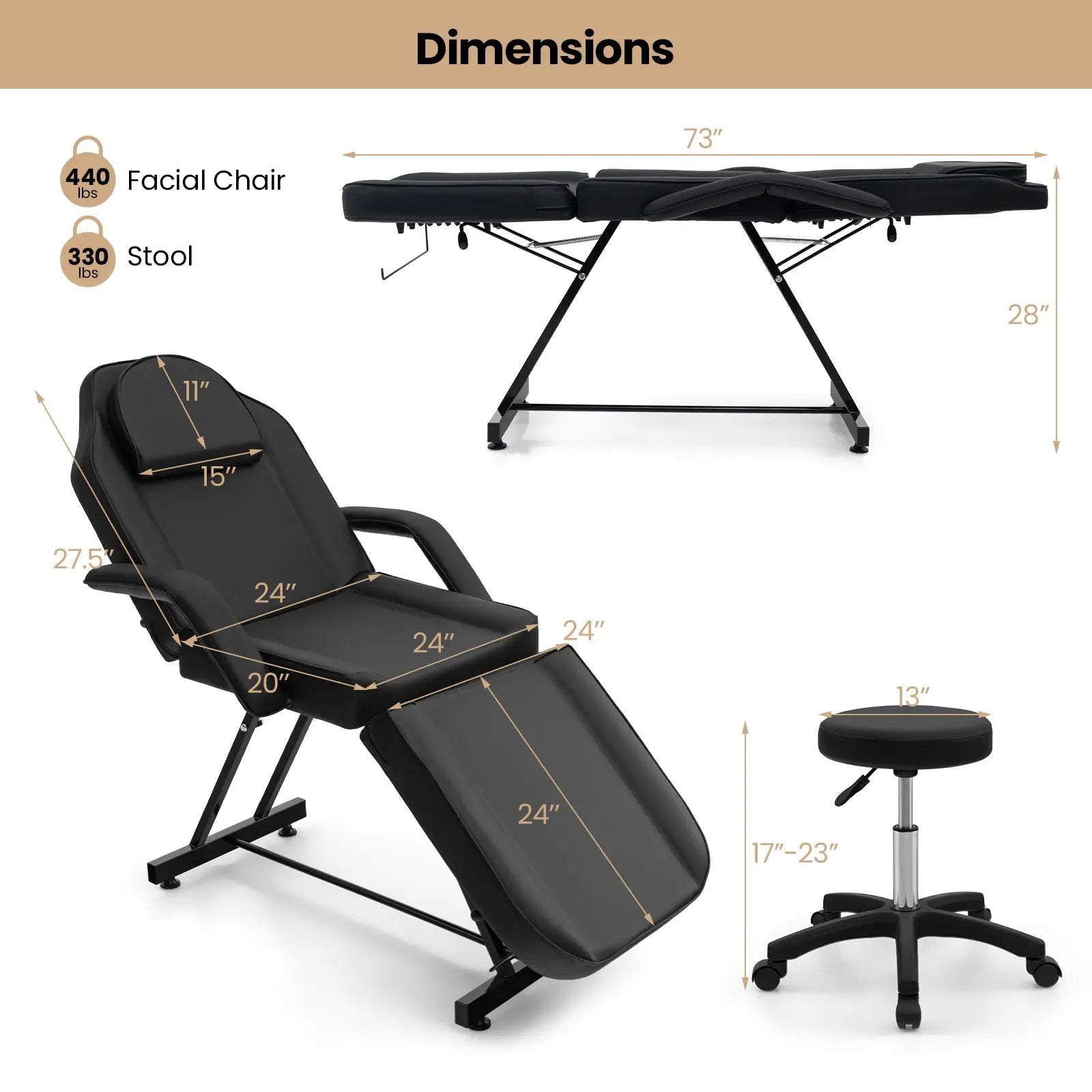73 Inch Facial Chair Set with Removable Headrest Detachable Armrests and Towel Rack-Black by DirectDeals