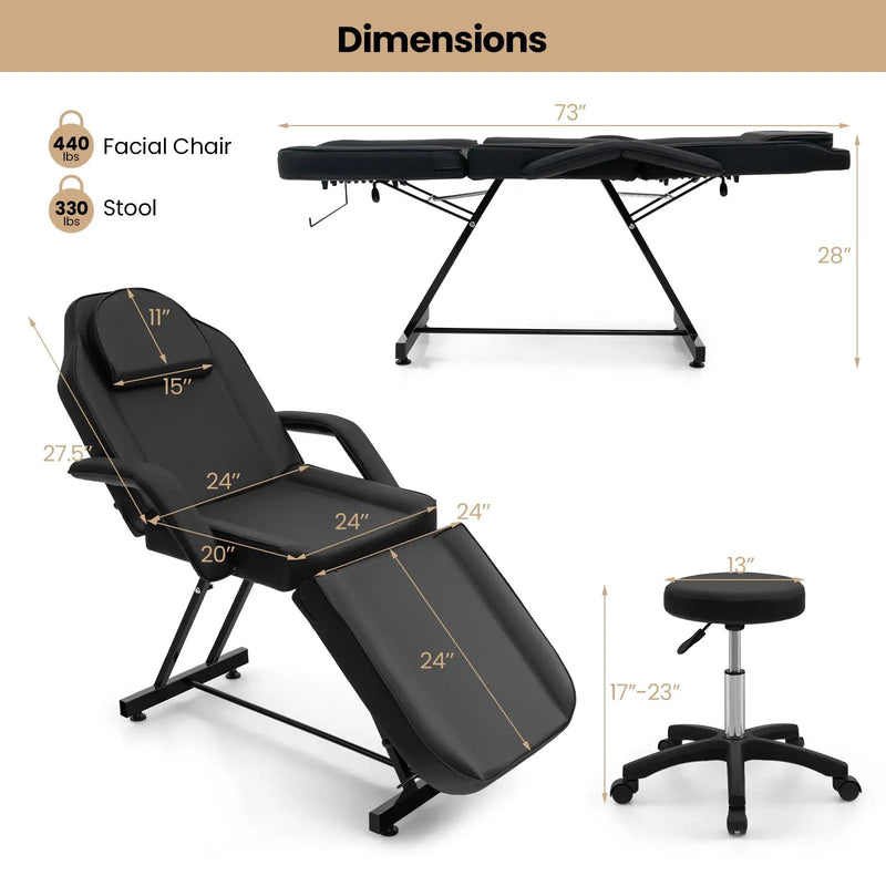 73 Inch Facial Chair Set with Removable Headrest Detachable Armrests and Towel Rack-Black by DirectDeals