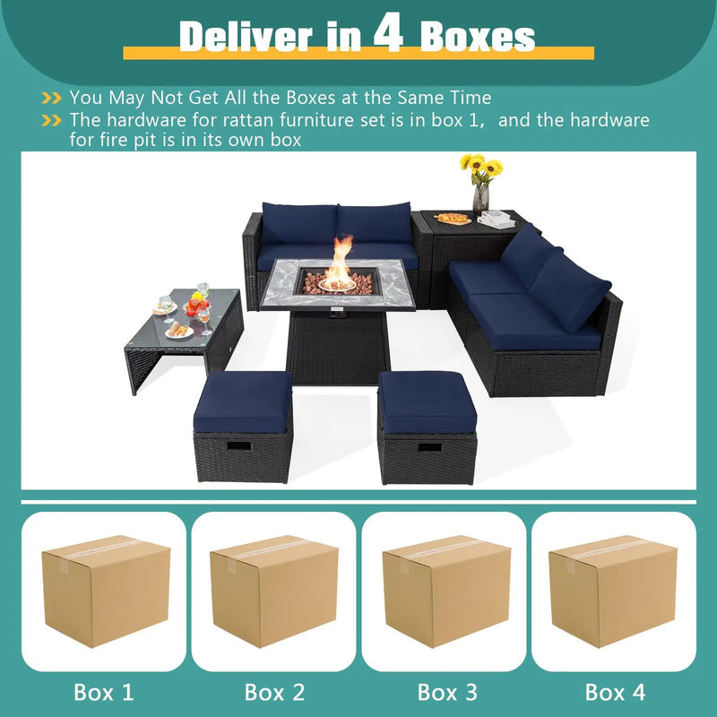 9 Pieces Outdoor Wicker Sectional with 35 Inch Gas Fire Pit Table by DirectDeals