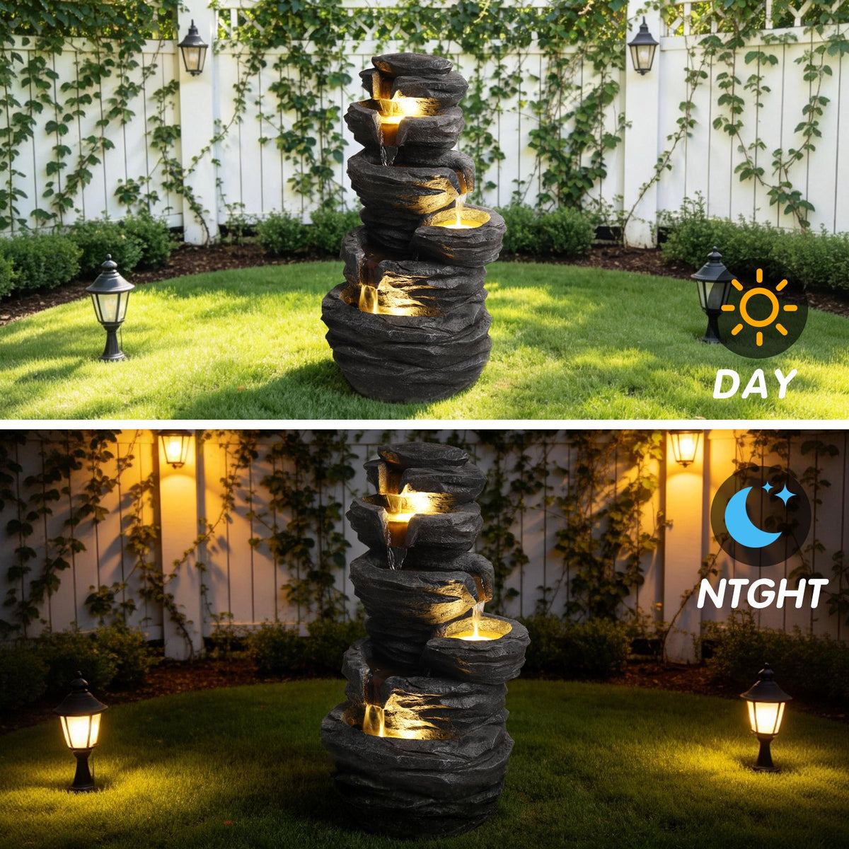Resin Stacked Rock Fountain Outdoor with LED Lights, installed in a room