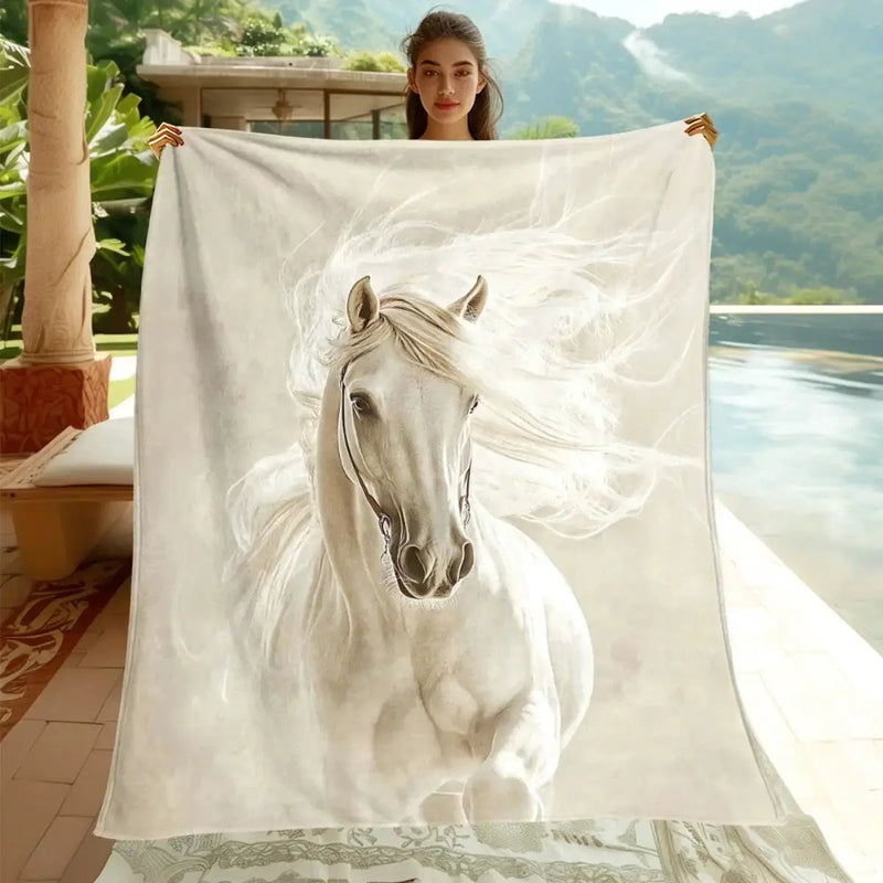 Blanket - Portable White Horse Design Throw by House Of Avana