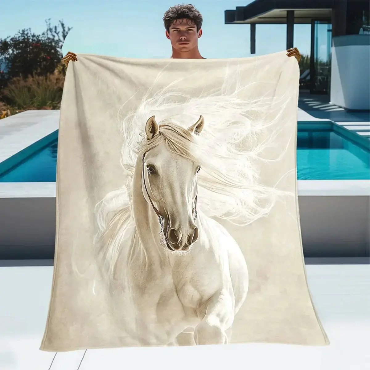 Blanket - Portable White Horse Design Throw by House Of Avana