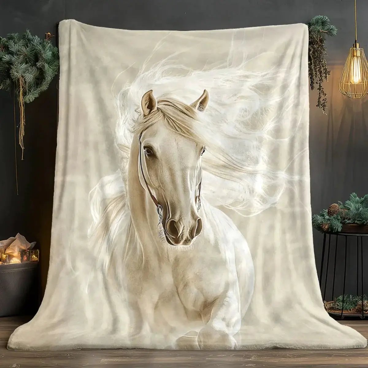 Blanket - Portable White Horse Design Throw by House Of Avana