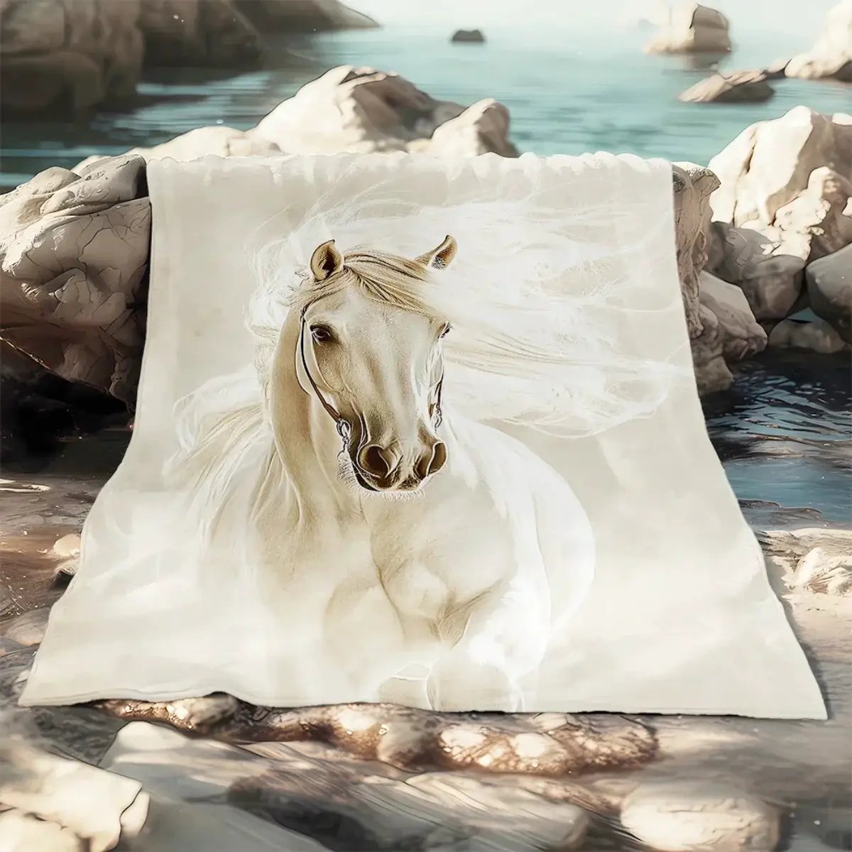 Blanket - Portable White Horse Design Throw by House Of Avana