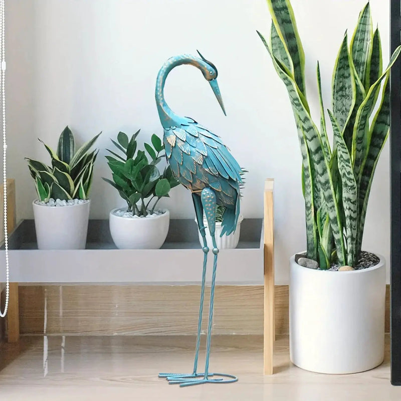 Blue Metal Crane Garden Statue Outdoor Sculpture by House Of Avana