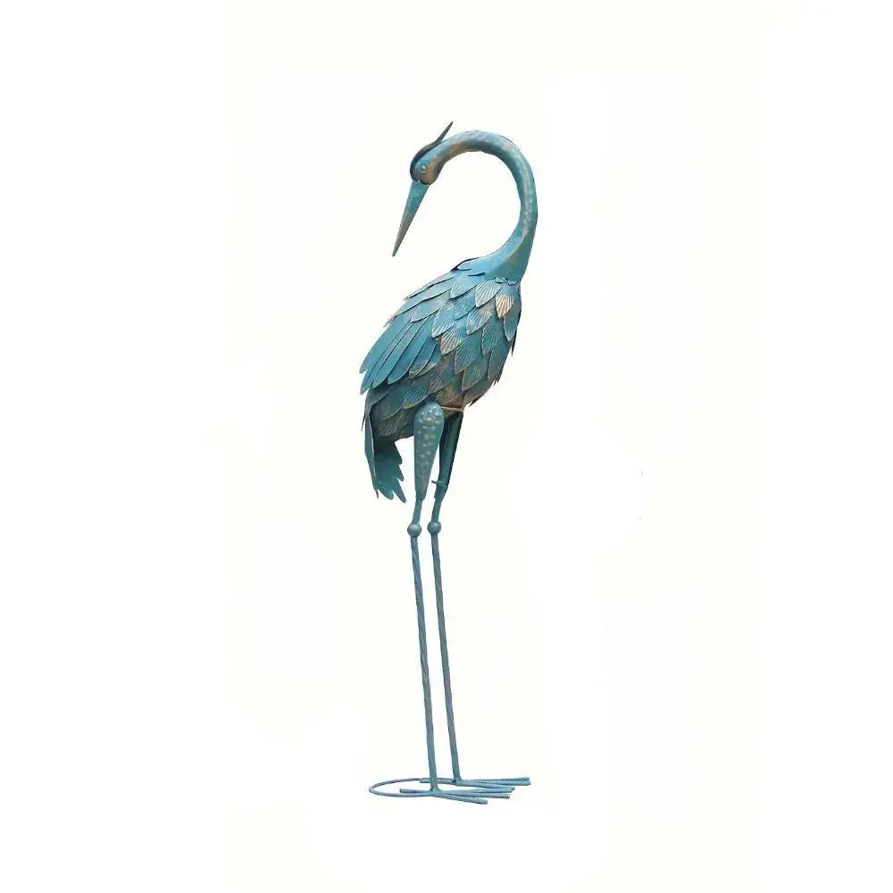 Blue Metal Crane Garden Statue Outdoor Sculpture by House Of Avana