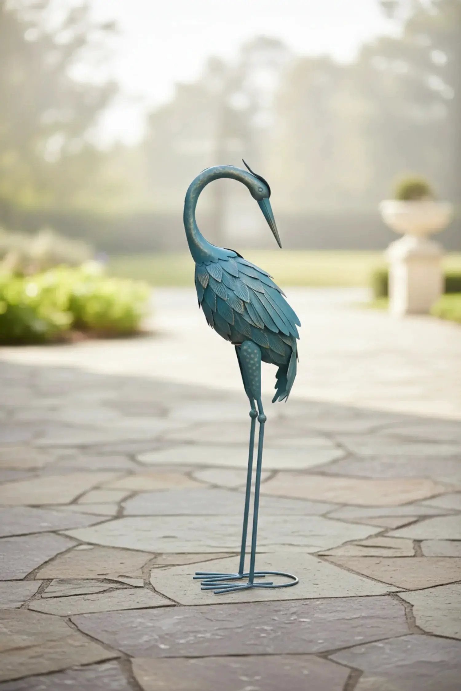 Blue Metal Crane Garden Statue Outdoor Sculpture by House Of Avana