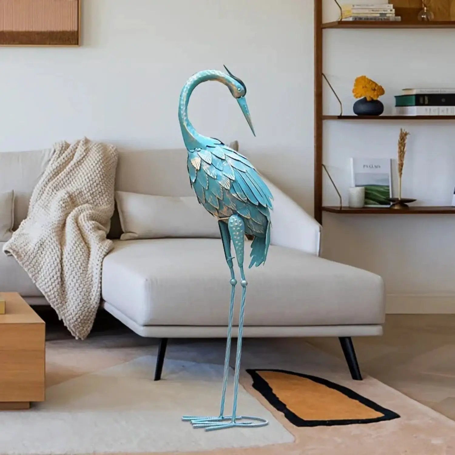 Blue Metal Crane Garden Statue Outdoor Sculpture by House Of Avana