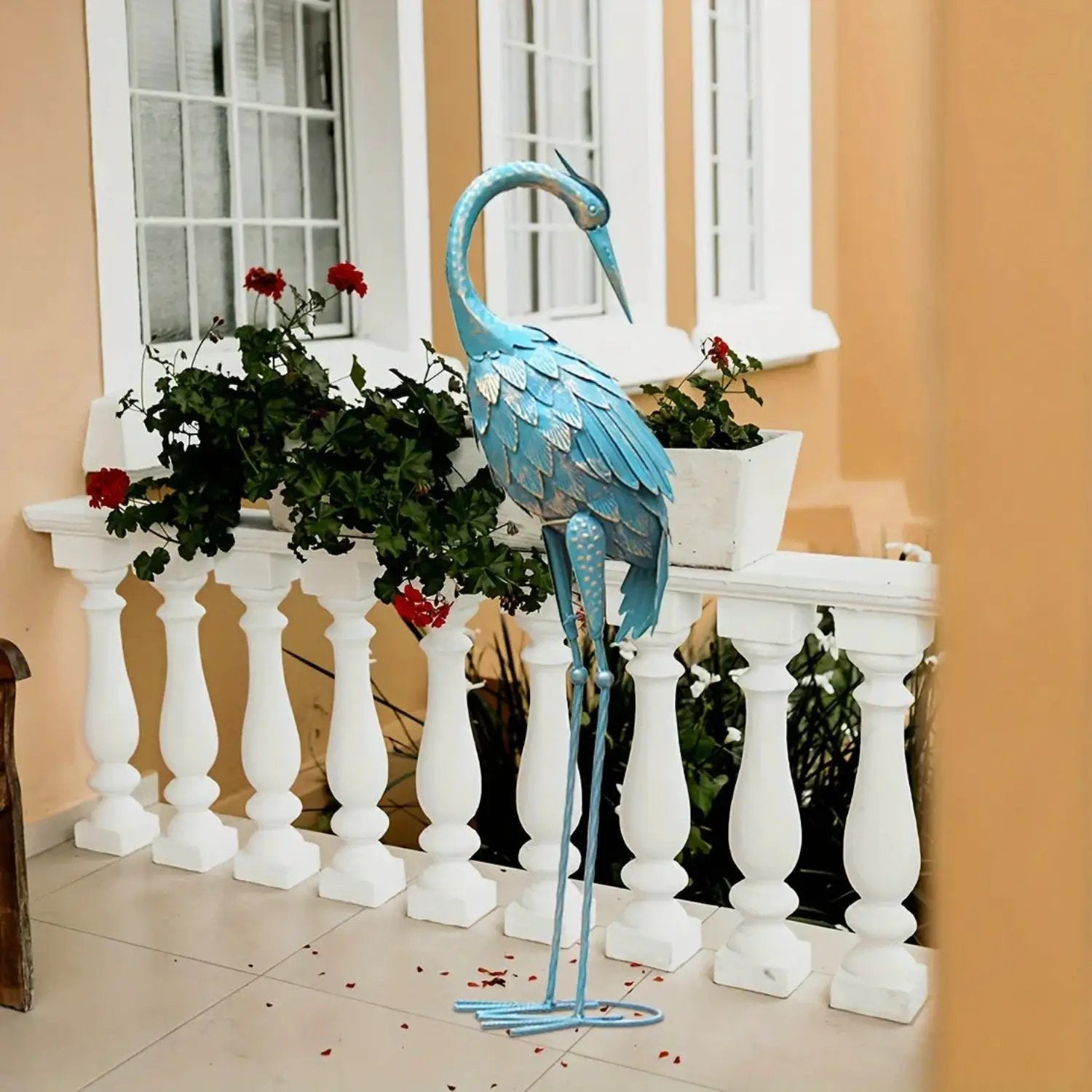 Blue Metal Crane Garden Statue Outdoor Sculpture by House Of Avana