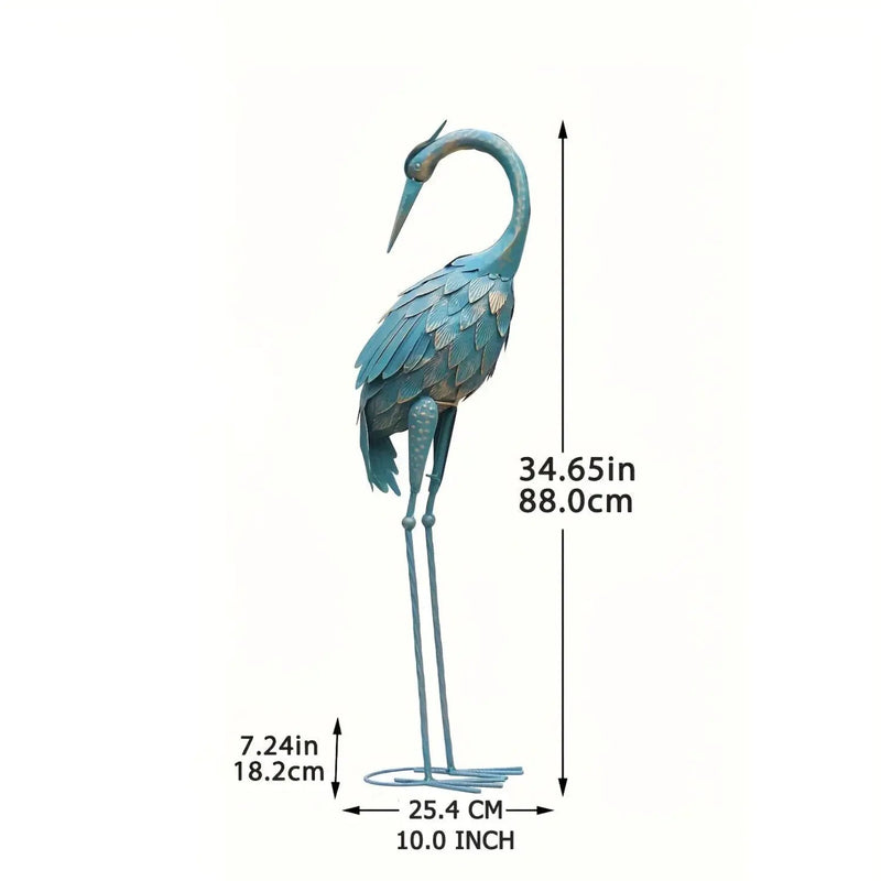 Blue Metal Crane Garden Statue Outdoor Sculpture by House Of Avana