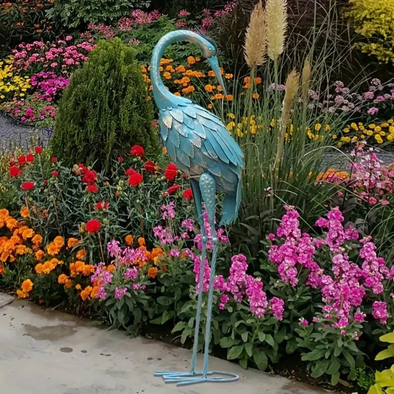 Blue Metal Crane Garden Statue Outdoor Sculpture by House Of Avana