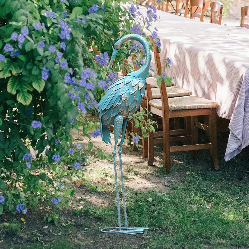 Blue Metal Crane Garden Statue Outdoor Sculpture by House Of Avana