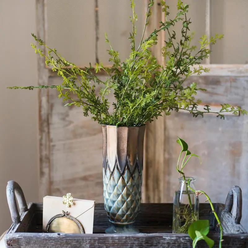 Blue Gold Grid Pattern Glazed Ceramic Vase Collection by RusticReach