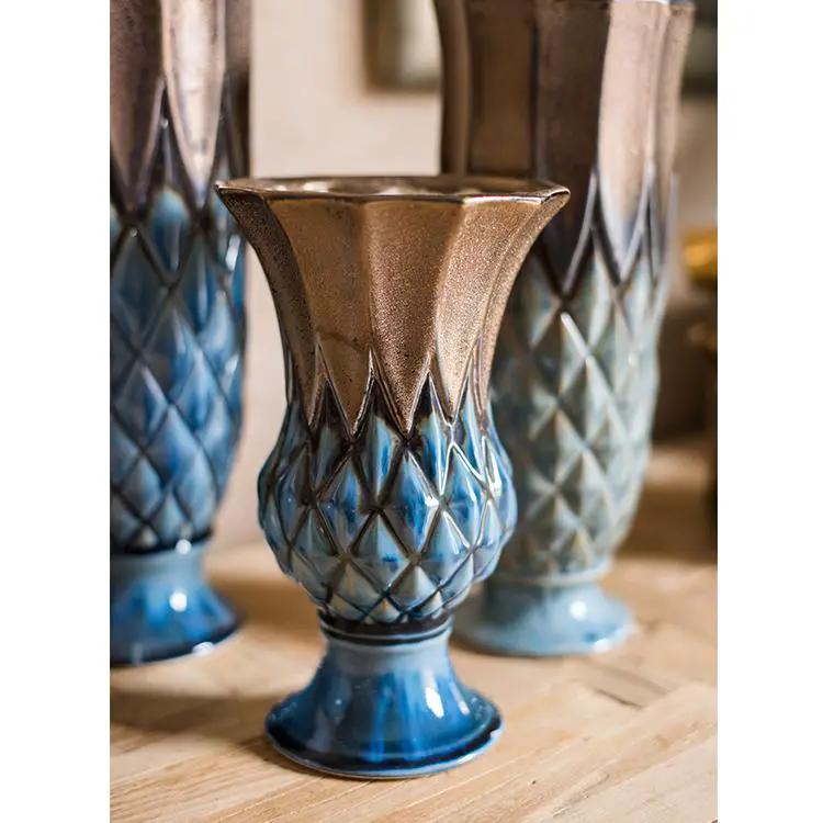 Blue Gold Grid Pattern Glazed Ceramic Vase Collection by RusticReach