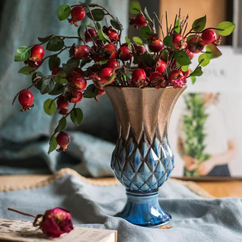 Blue Gold Grid Pattern Glazed Ceramic Vase Collection by RusticReach