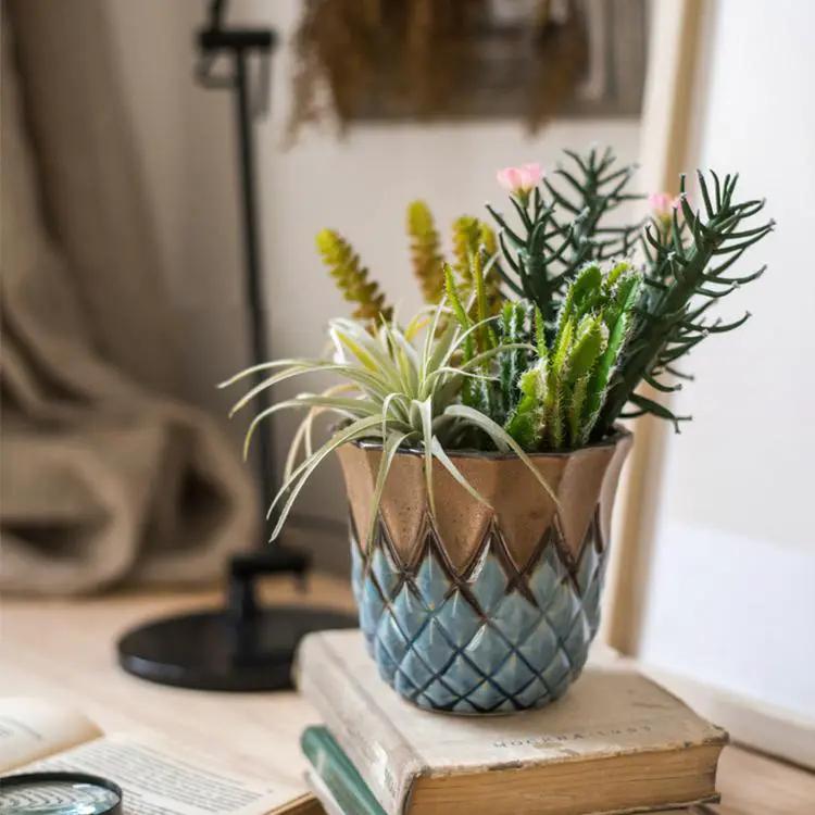 Blue Gold Grid Pattern Glazed Ceramic Vase Collection by RusticReach