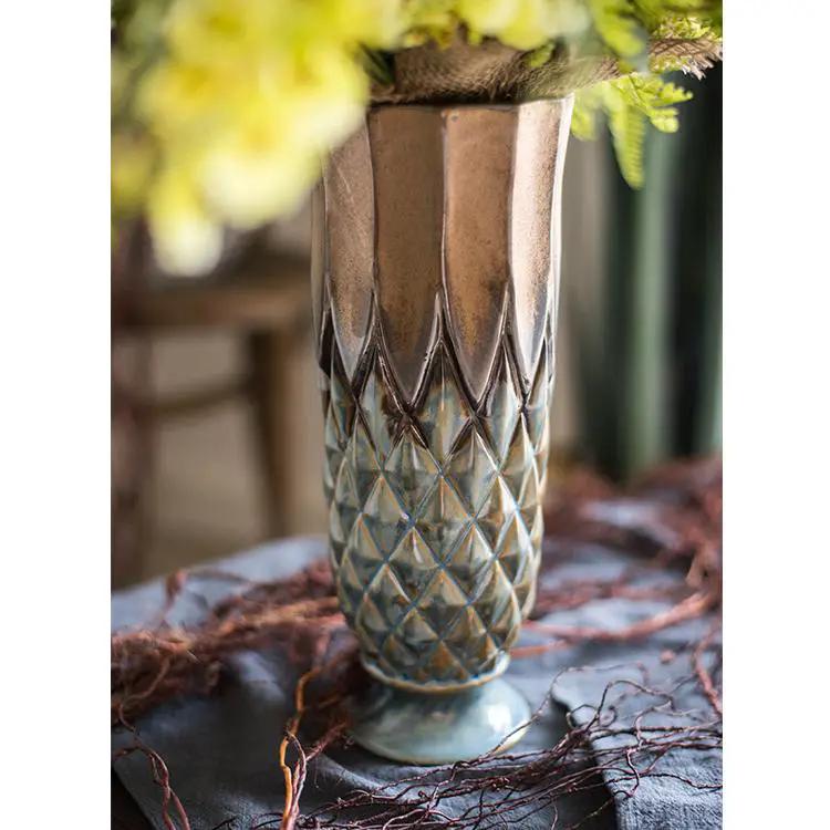 Blue Gold Grid Pattern Glazed Ceramic Vase Collection by RusticReach
