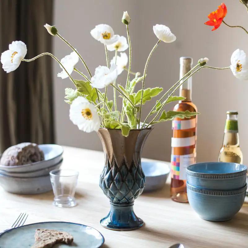 Blue Gold Grid Pattern Glazed Ceramic Vase Collection by RusticReach