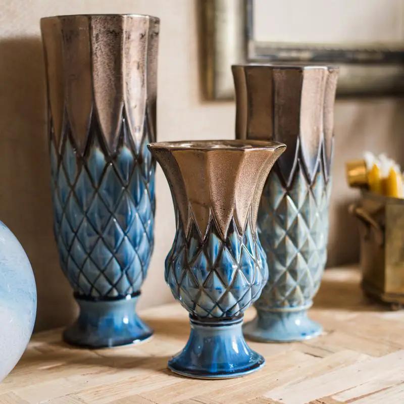 Blue Gold Grid Pattern Glazed Ceramic Vase Collection by RusticReach