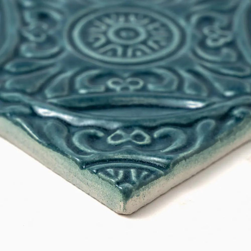 Blue Leather Medallion Ceramic Accent Tiles 6x6 closeup 4