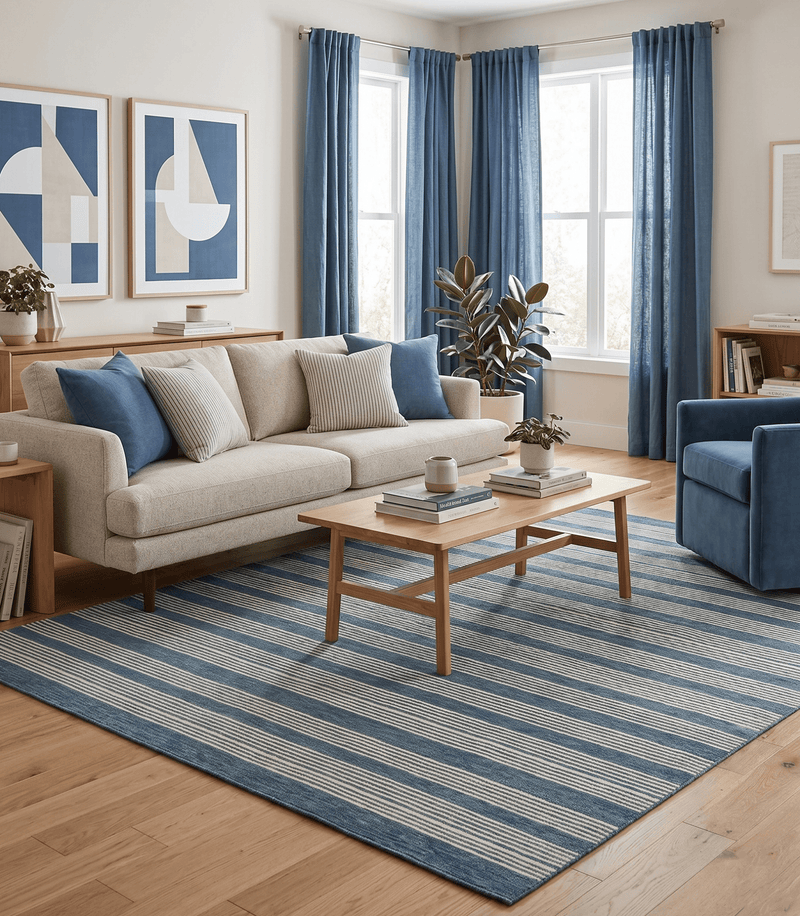 Blue Modern Stripes Pattern Hand Tufted Wool Area Rug by The Rug Decor