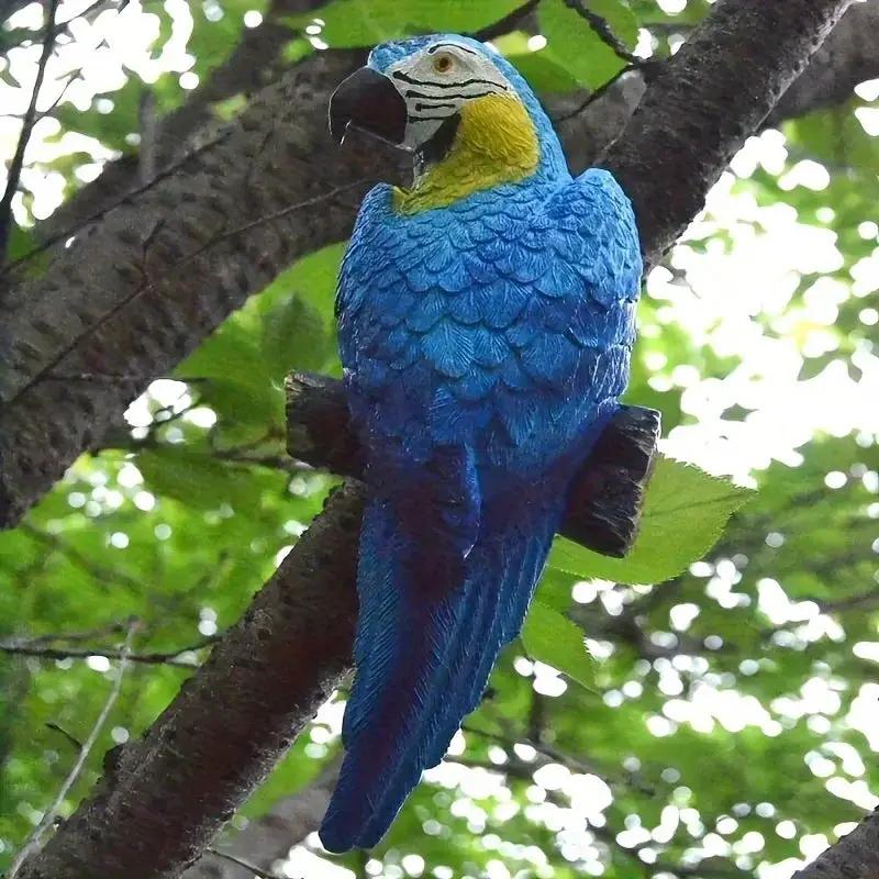 Blue Parrot Garden Statue Handcrafted Outdoor Tree Decor by House Of Avana