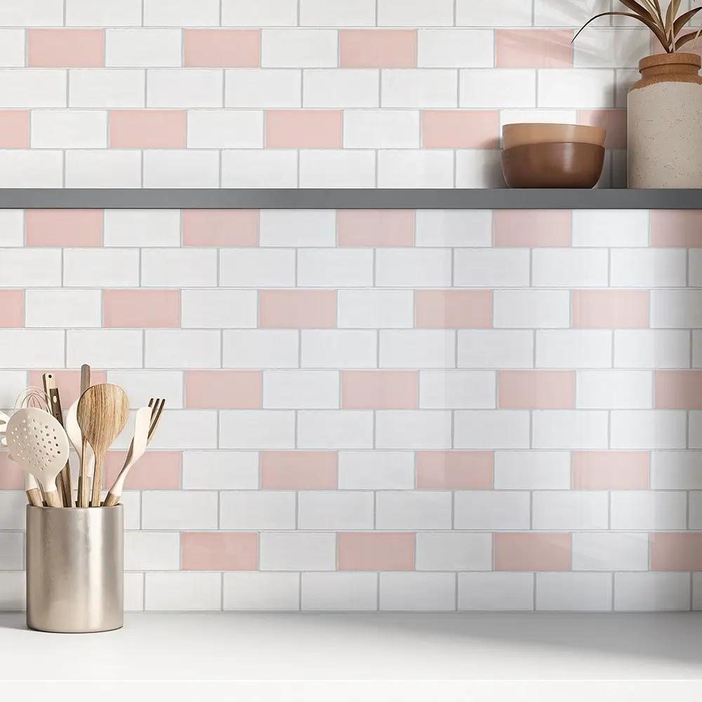 Blush Glossy Subway Ceramic Tiles 3x6 room scene