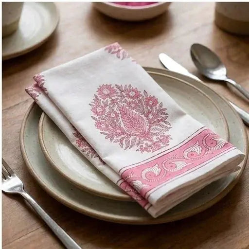 Blush Pink & Ivory Table Linen Set – 13 Pieces | Hand Block Printed Cotton | Runner, Placemats & Napkins by House Of Avana