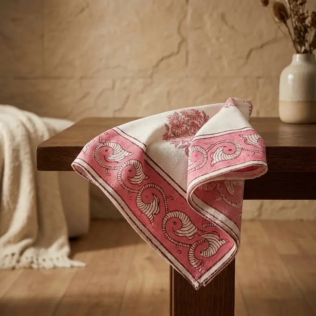 Blush Pink & Ivory Table Linen Set – 13 Pieces | Hand Block Printed Cotton | Runner, Placemats & Napkins by House Of Avana