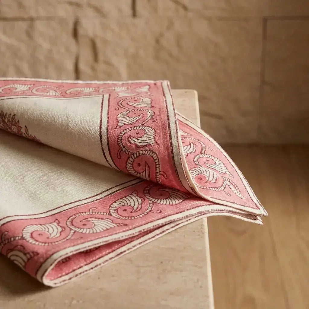 Blush Pink & Ivory Table Linen Set – 13 Pieces | Hand Block Printed Cotton | Runner, Placemats & Napkins by House Of Avana
