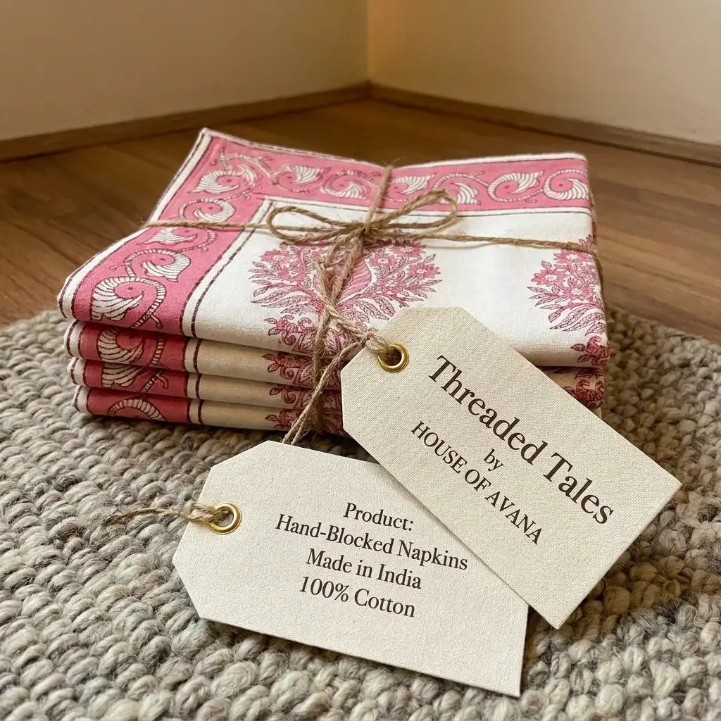 Blush Pink & Ivory Table Linen Set – 13 Pieces | Hand Block Printed Cotton | Runner, Placemats & Napkins by House Of Avana