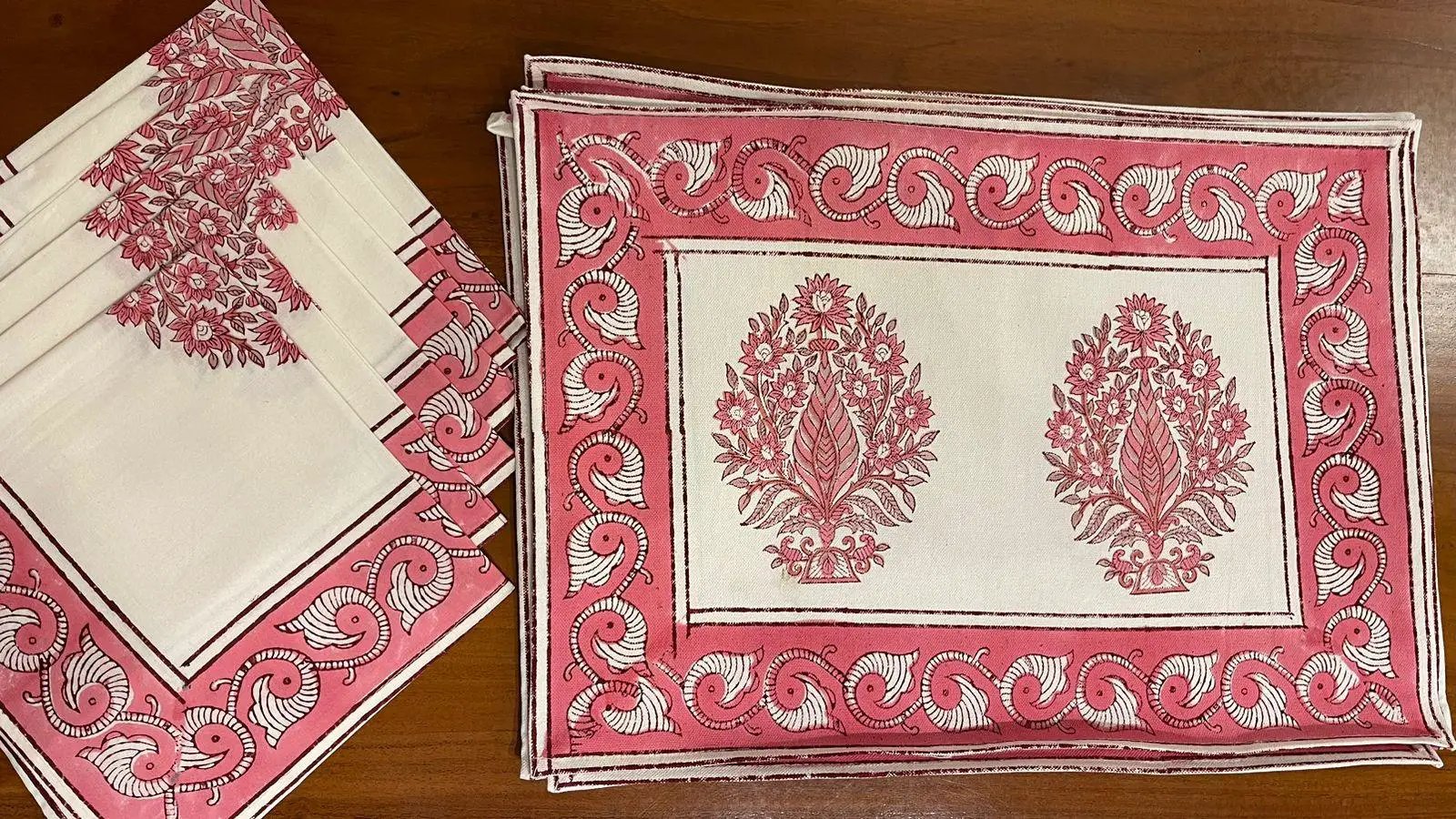 Blush Pink & Ivory Table Linen Set – 13 Pieces | Hand Block Printed Cotton | Runner, Placemats & Napkins by House Of Avana