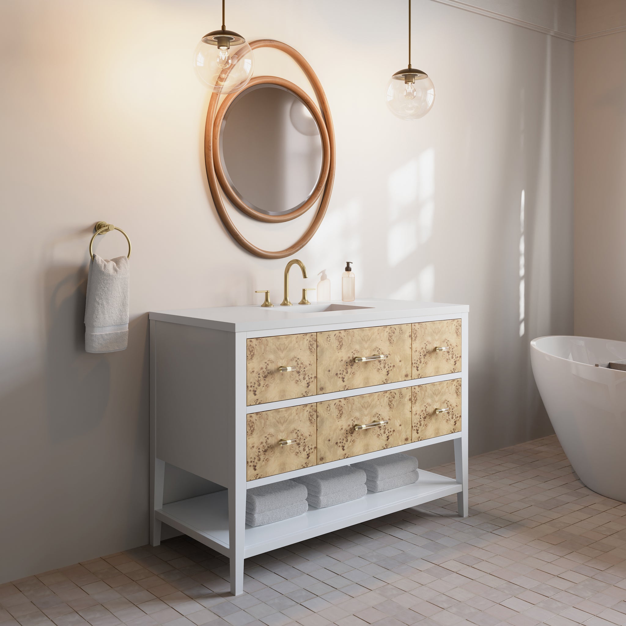 James Martin Olena 48" Single Bathroom Vanity, Polished White and Light Mappa Burl, view 17