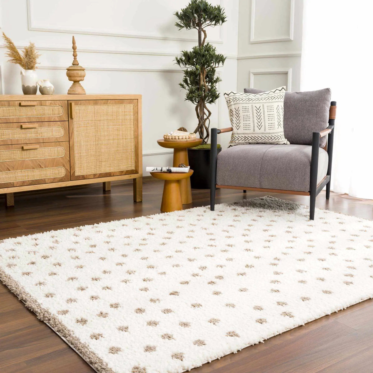 Chaia Dotted Cream & Brown Plush Rug, installed in a room