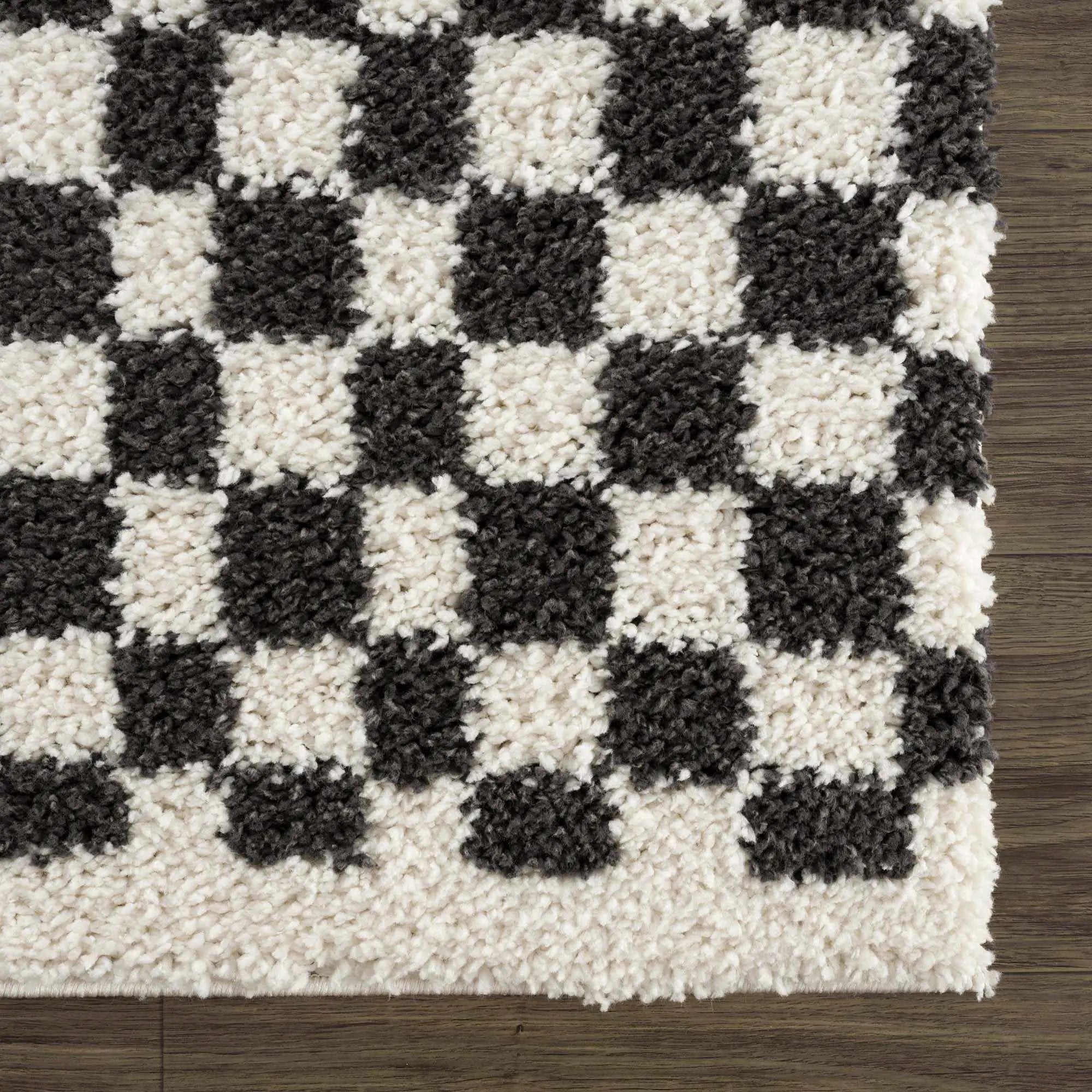 Kieu Black & White Checkered Shag Rug by Boutique Rugs
