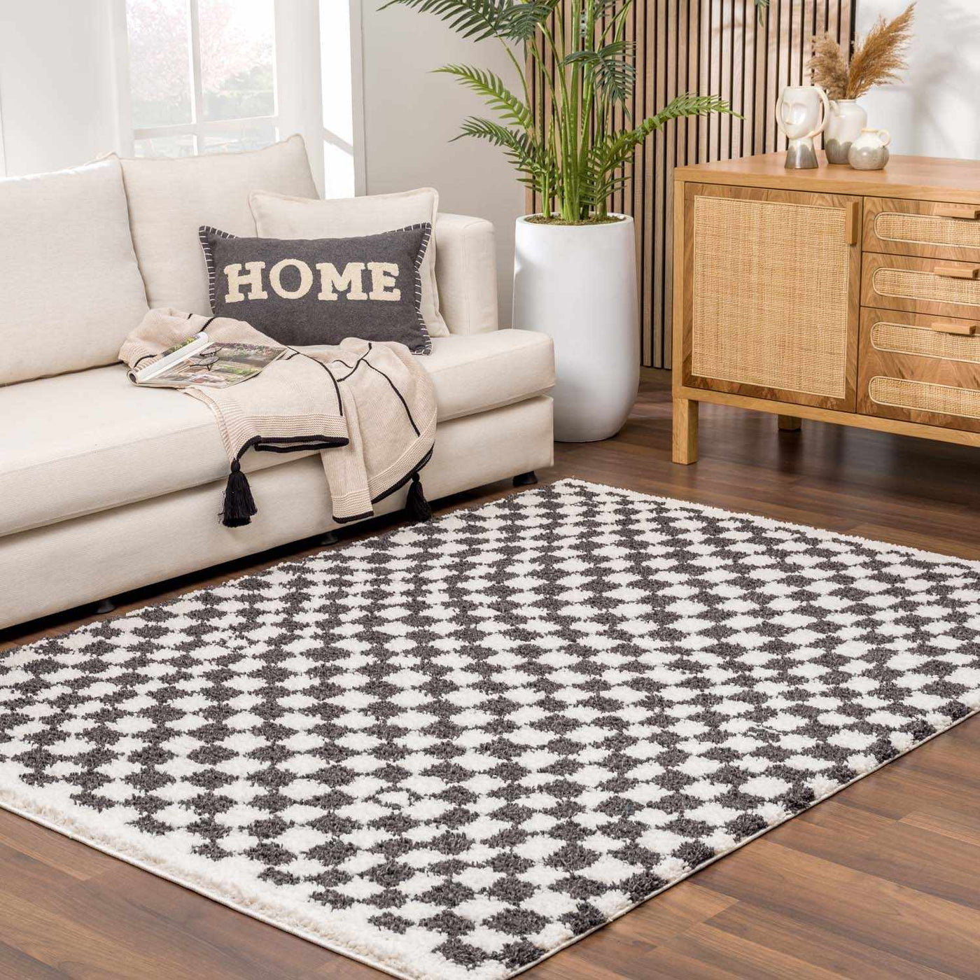 Kieu Black & White Checkered Shag Rug by Boutique Rugs