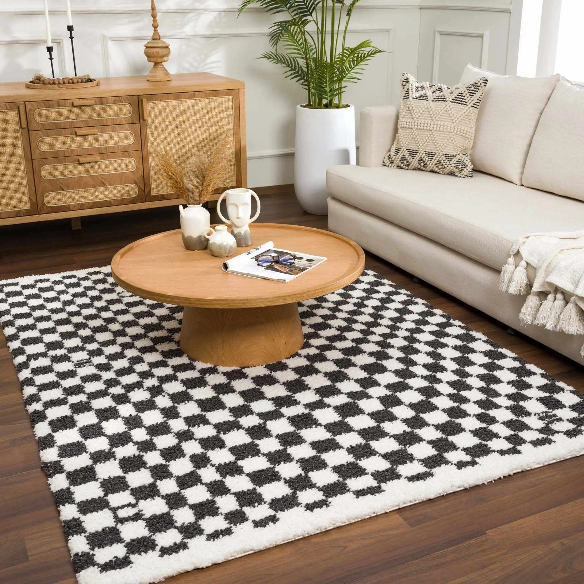 Kieu Black & White Checkered Shag Rug by Boutique Rugs