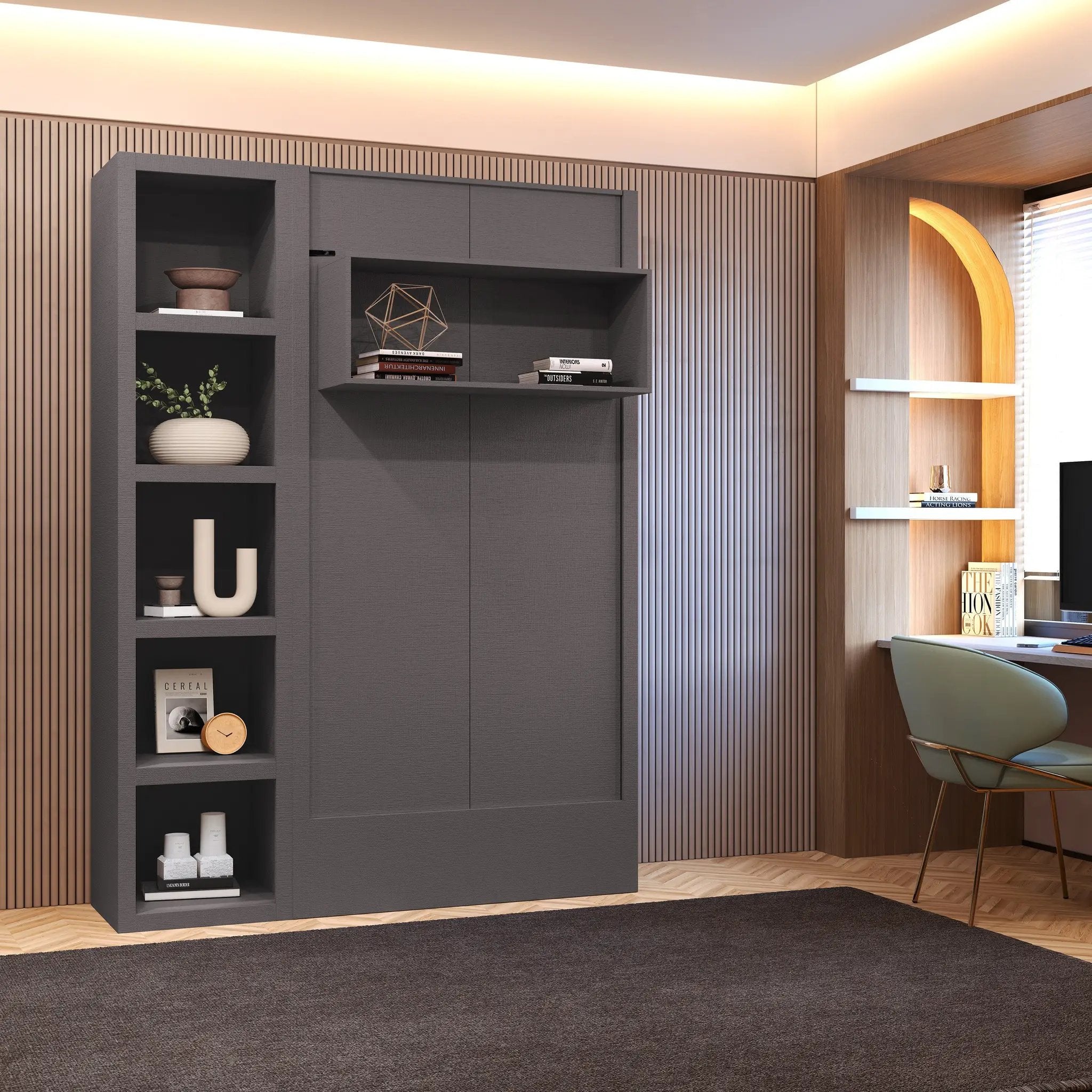 Easy-Lift Twin Murphy Wall Bed in Dark Grey with Bookshelf by Sharicks