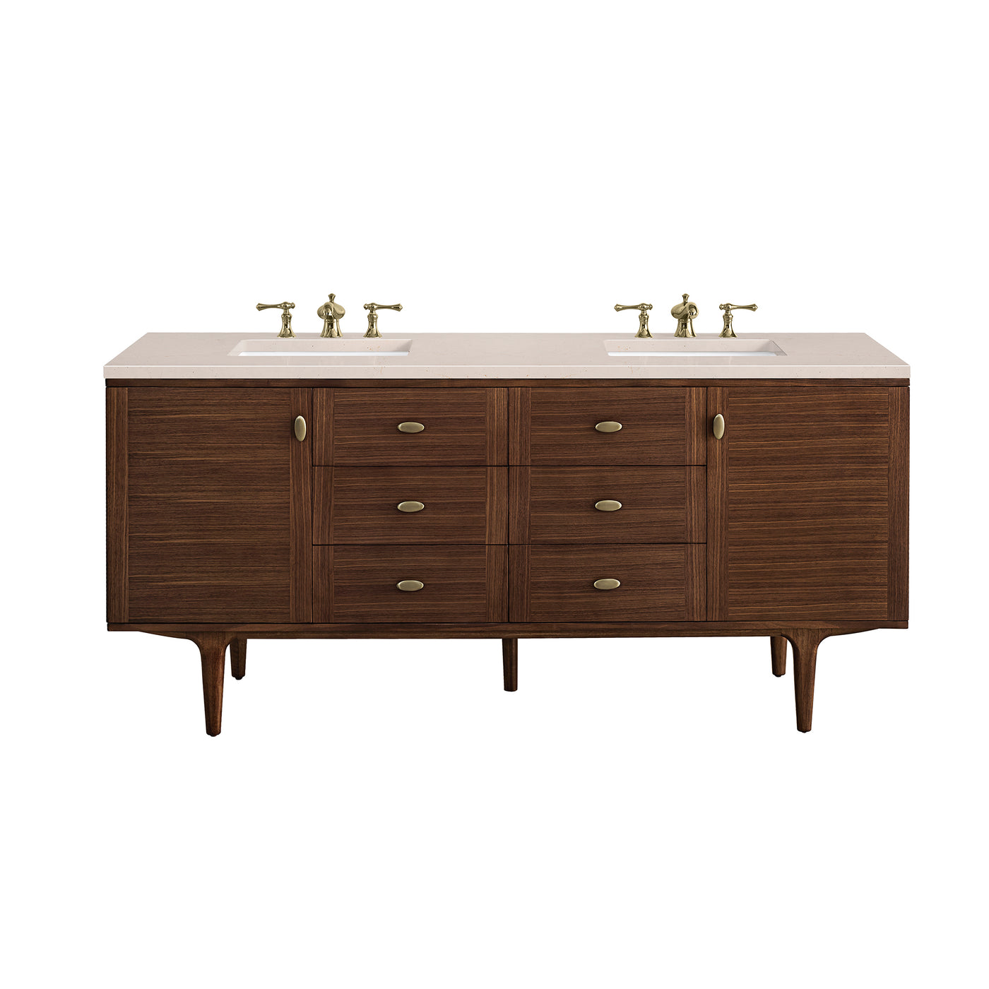 James Martin Amberly 72" Dual Mount Double Bathroom Vanity, Mid-Century Walnut with Eternal Marfil countertop