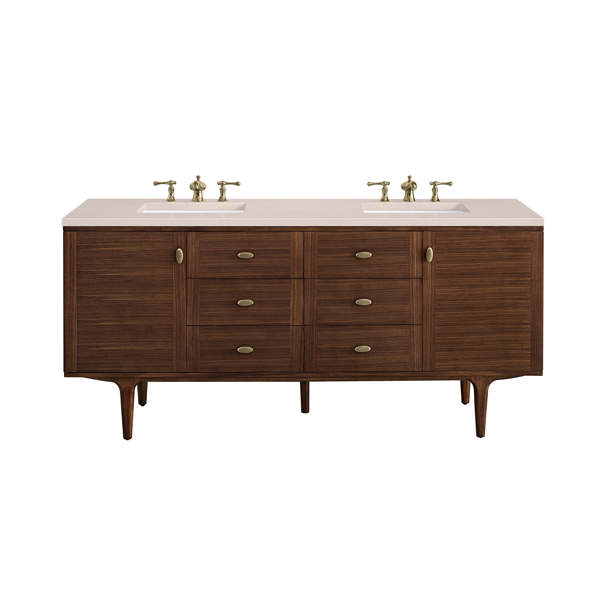 James Martin Amberly 72" Dual Mount Double Bathroom Vanity, Mid-Century Walnut with Eternal Marfil countertop