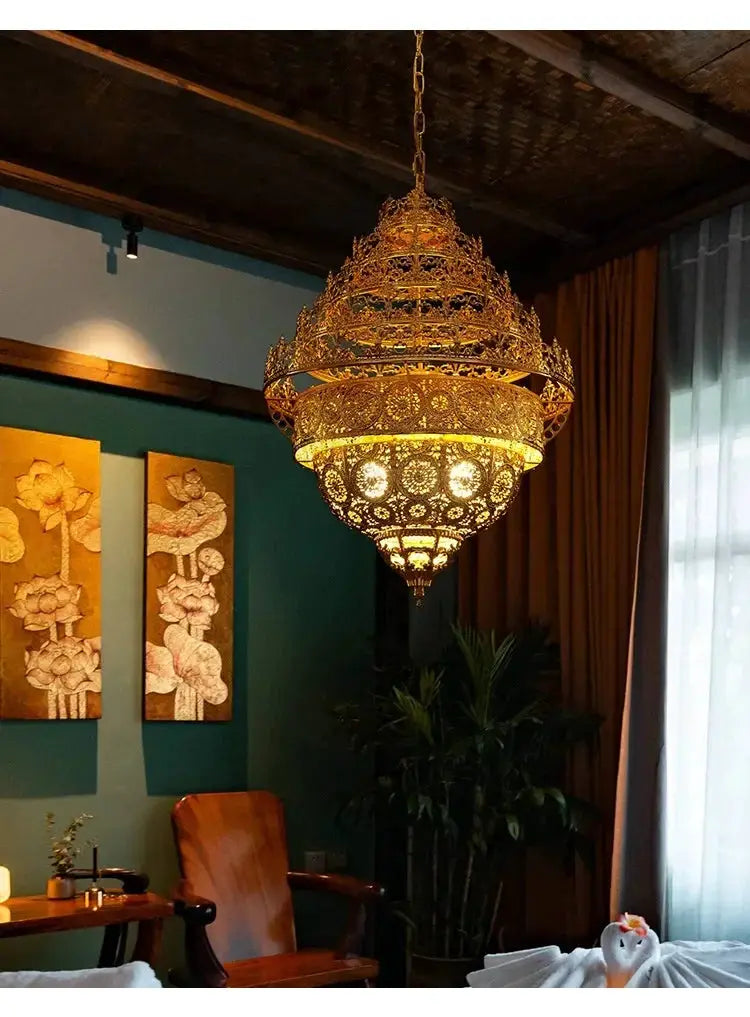Bohemian Retro Chandelier Luxury Iron Golden Pendant Light Living Dining Hotel Coffee Shop Exhibition Hall Indoor Lamp by House Of Avana