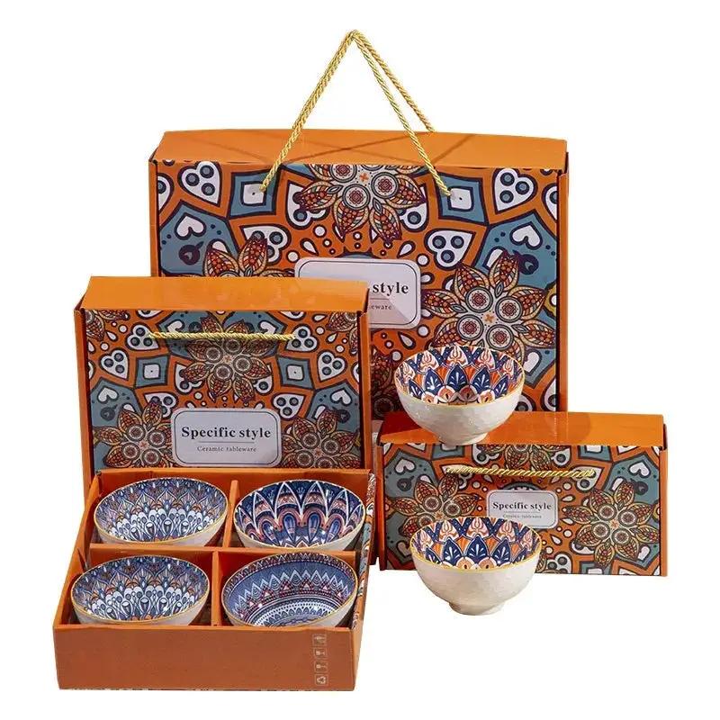 Bohemian Style Blue and White Porcelain Bowl and Chopsticks Set, Underglaze Ceramic Tableware, Suitable for Wedding Favors/Grand Opening Events/Housewarming Gifts, Opening Bowl Set Gift Box by House Of Avana