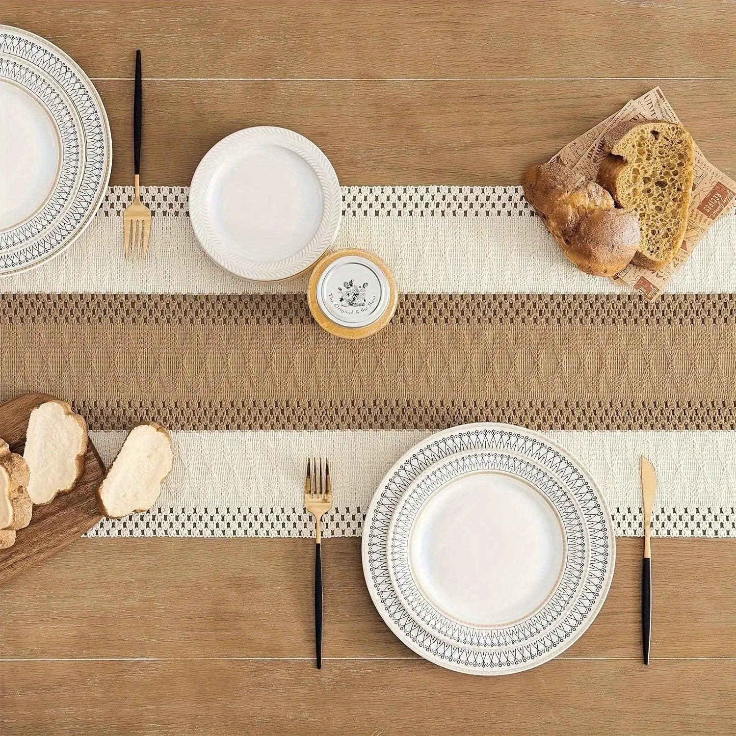 [Boho Chic Table Runner] Bohemian Chic Table Runner, 1pc Farmhouse Rustic Cream Brown Design | Macrame Crochet Polyester with Tassels - Infuses Boho Flair for Dining Room, Bedroom, Living Room Decor by House Of Avana