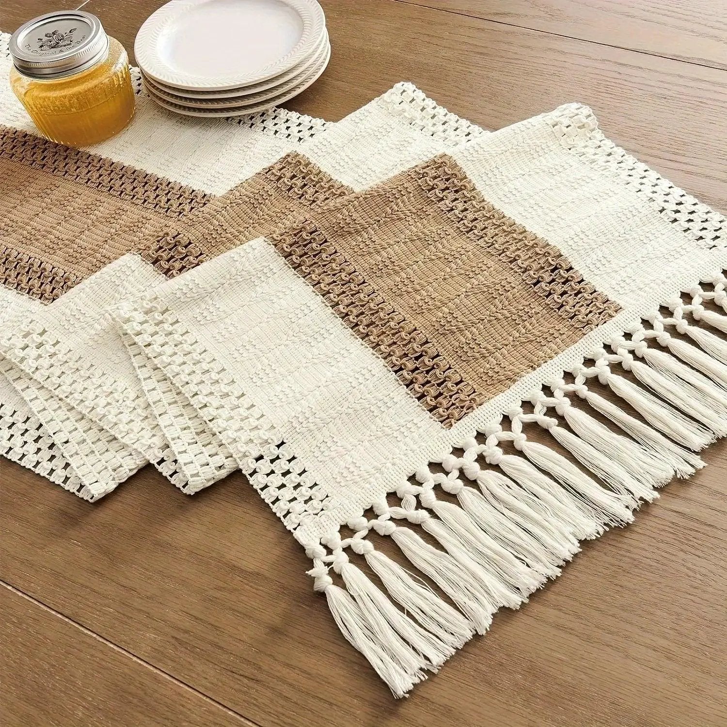 [Boho Chic Table Runner] Bohemian Chic Table Runner, 1pc Farmhouse Rustic Cream Brown Design | Macrame Crochet Polyester with Tassels - Infuses Boho Flair for Dining Room, Bedroom, Living Room Decor by House Of Avana