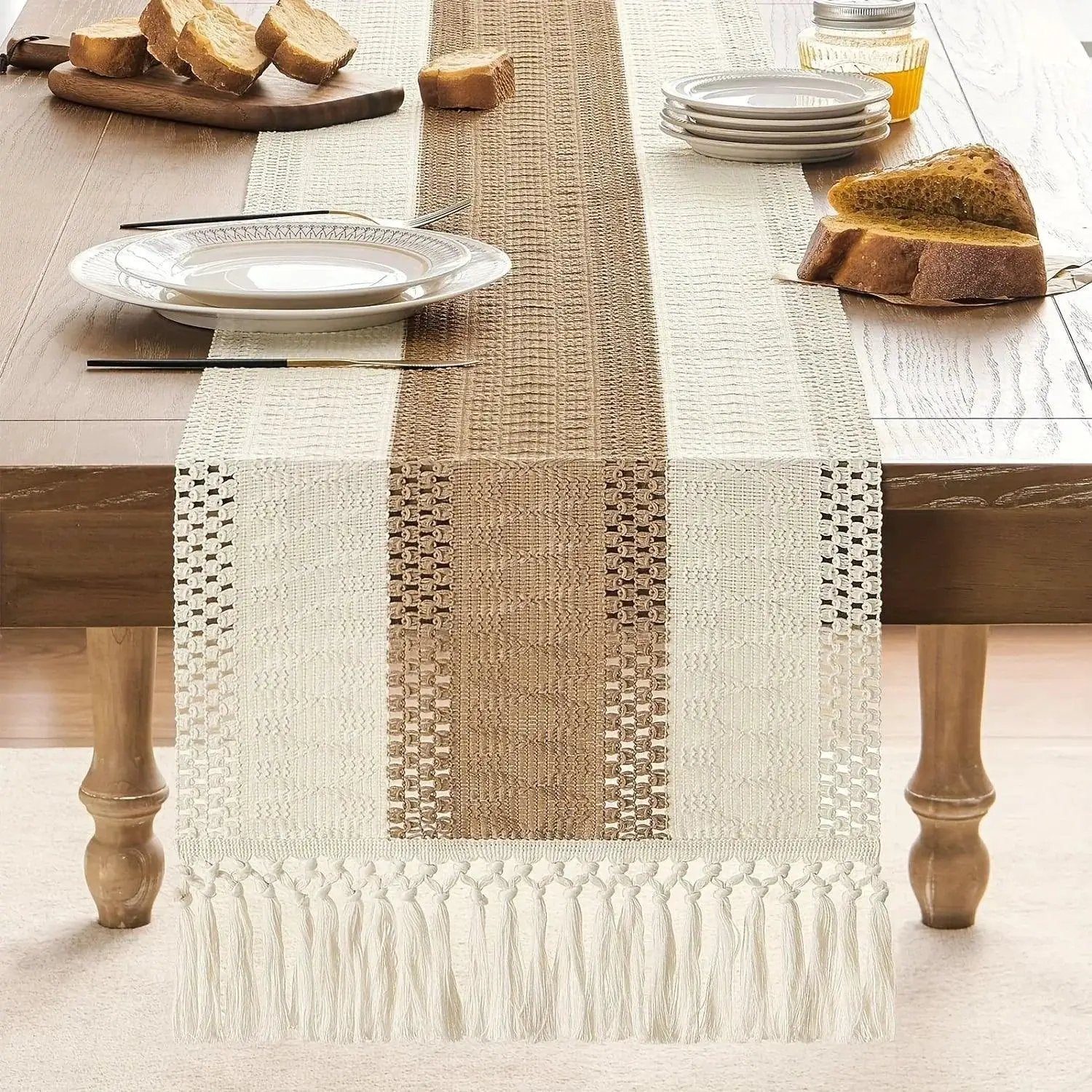 [Boho Chic Table Runner] Bohemian Chic Table Runner, 1pc Farmhouse Rustic Cream Brown Design | Macrame Crochet Polyester with Tassels - Infuses Boho Flair for Dining Room, Bedroom, Living Room Decor by House Of Avana